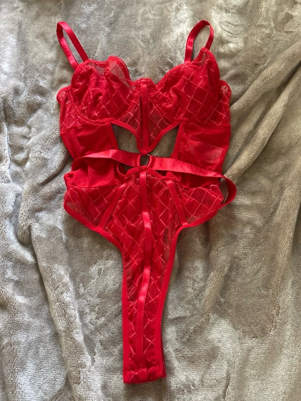 Red Lace Cutout Strappy Bodysuit - Women Intimates